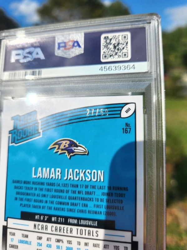 2018 Panini Donruss Optic Lamar Jackson Purple Stars RC Auto 27/50 PSA MINT 9 - Image 7