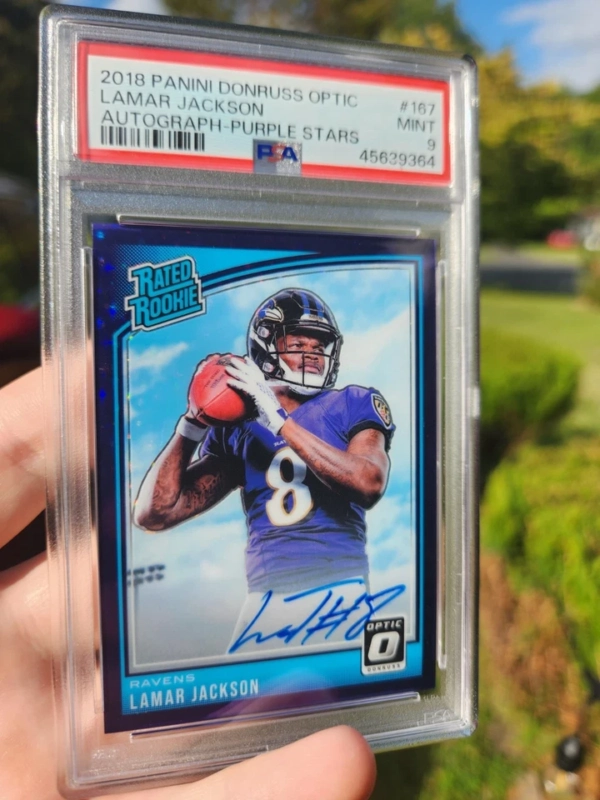 2018 Panini Donruss Optic Lamar Jackson Purple Stars RC Auto 27/50 PSA MINT 9 - Image 6