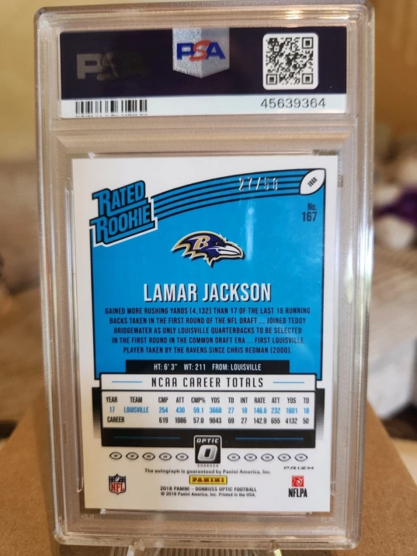 2018 Panini Donruss Optic Lamar Jackson Purple Stars RC Auto 27/50 PSA MINT 9 - Image 5