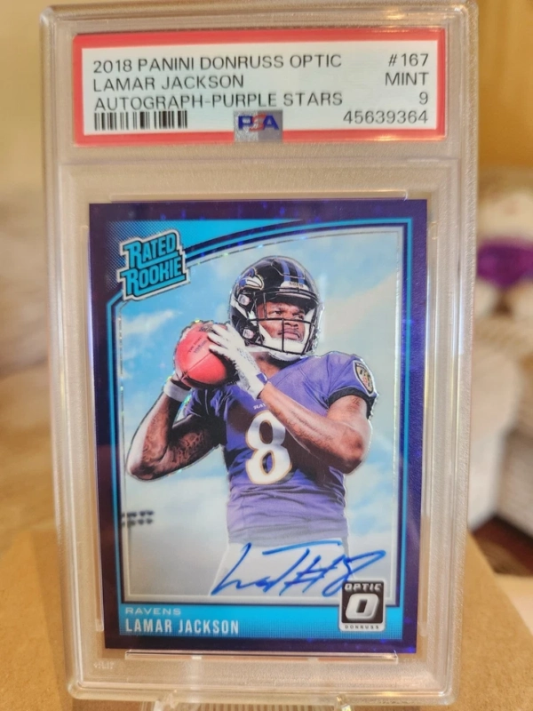 2018 Panini Donruss Optic Lamar Jackson Purple Stars RC Auto 27/50 PSA MINT 9 - Image 4