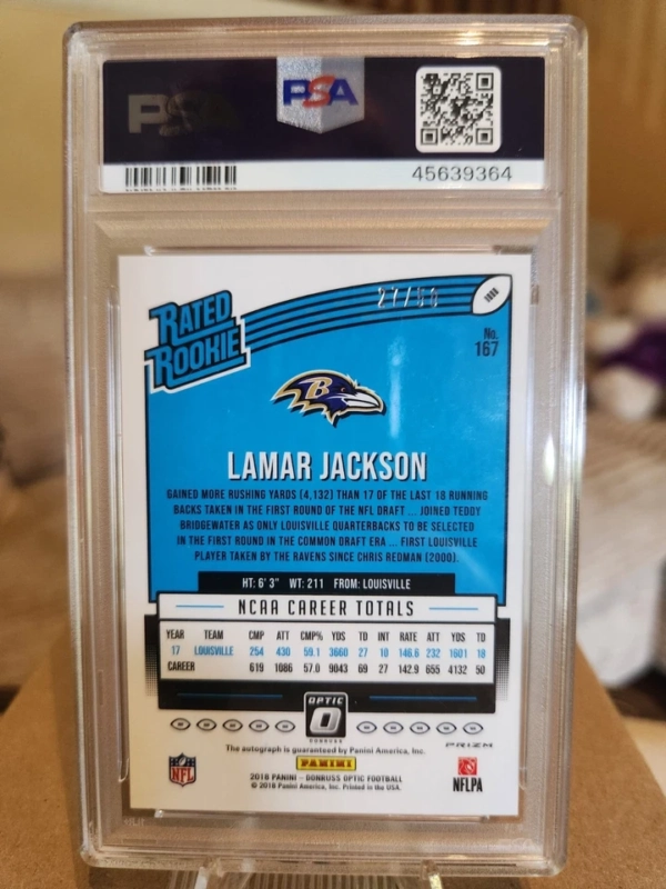 2018 Panini Donruss Optic Lamar Jackson Purple Stars RC Auto 27/50 PSA MINT 9 - Image 3