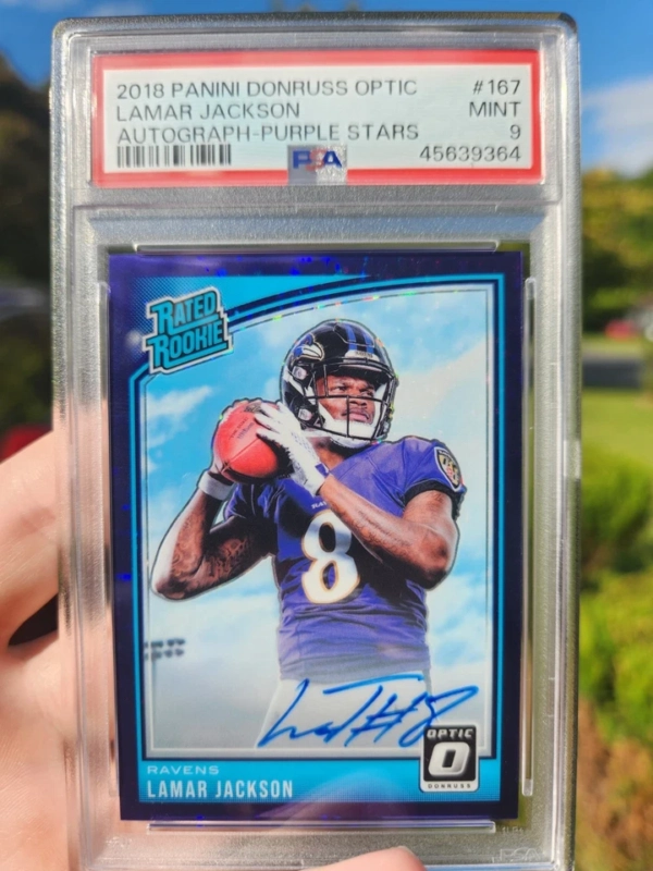 2018 Panini Donruss Optic Lamar Jackson Purple Stars RC Auto 27/50 PSA MINT 9 - Image 2