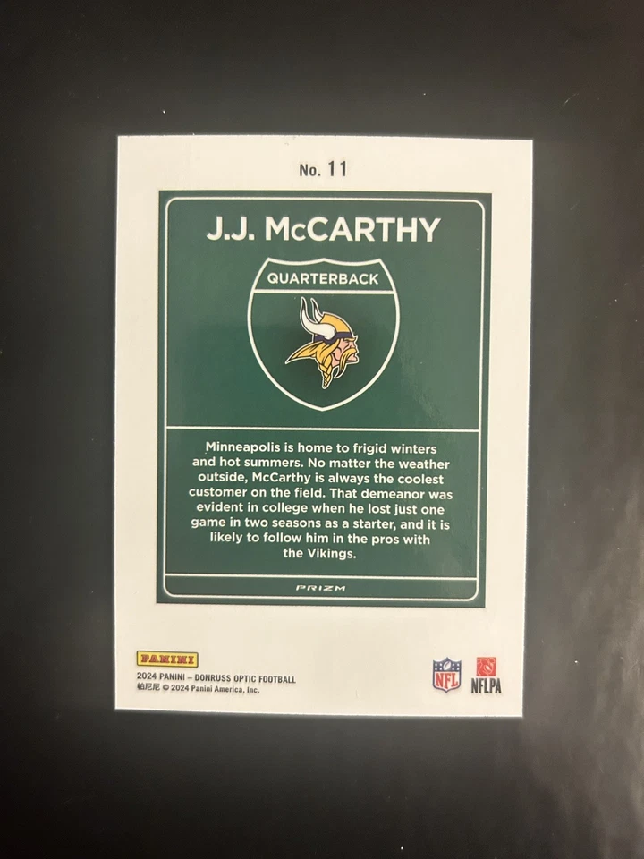2024 Panini Donruss Optic JJ McCarthy Downtown! RC Rookie SSP #11 Vikings - Image 3