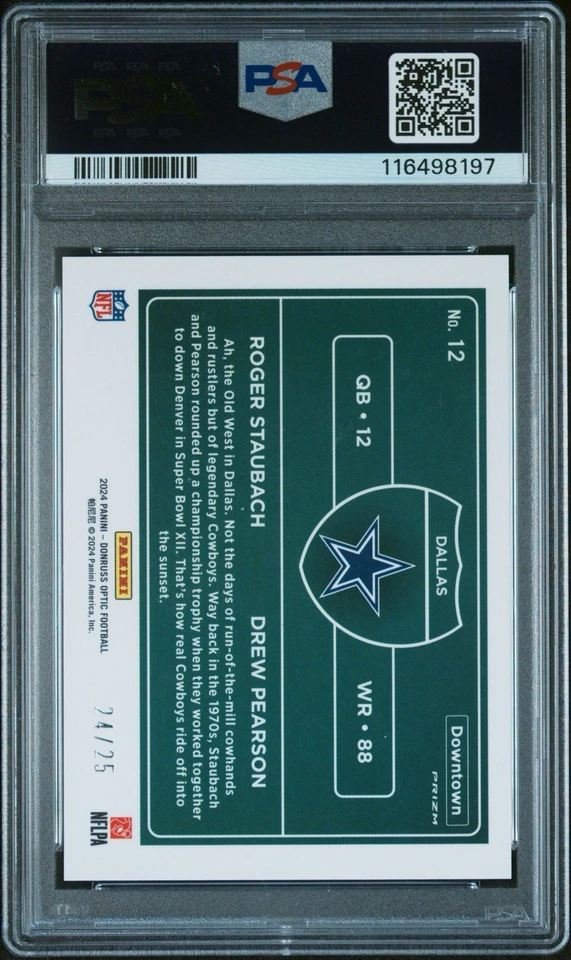Roger Staubach/Drew Pearson /25 Downtown Black Pandora 2024 Donruss Optic PSA 9 - Image 3