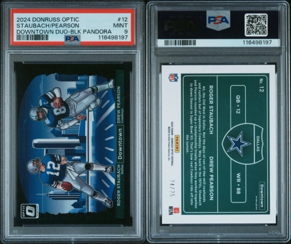 Roger Staubach/Drew Pearson /25 Downtown Black Pandora 2024 Donruss Optic PSA 9 - Image 2