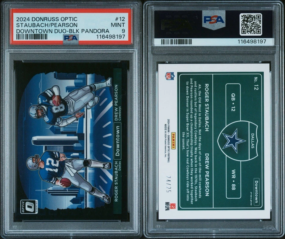 Roger Staubach/Drew Pearson /25 Downtown Black Pandora 2024 Donruss Optic PSA 9 - Image 2
