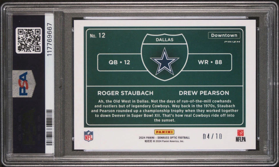 GOLD DOWNTOWN ! Optic Drew Pearson / Roger Staubach Dual 2024 Cowboys SSP PSA 10 - Image 2