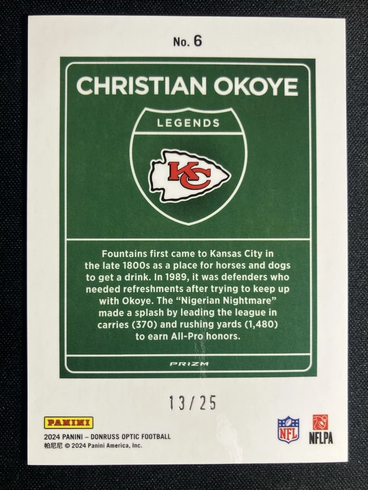 2024 Donruss Optic - Downtown Black Pandora Legends Christian Okoye 13/25 Chiefs - Image 2